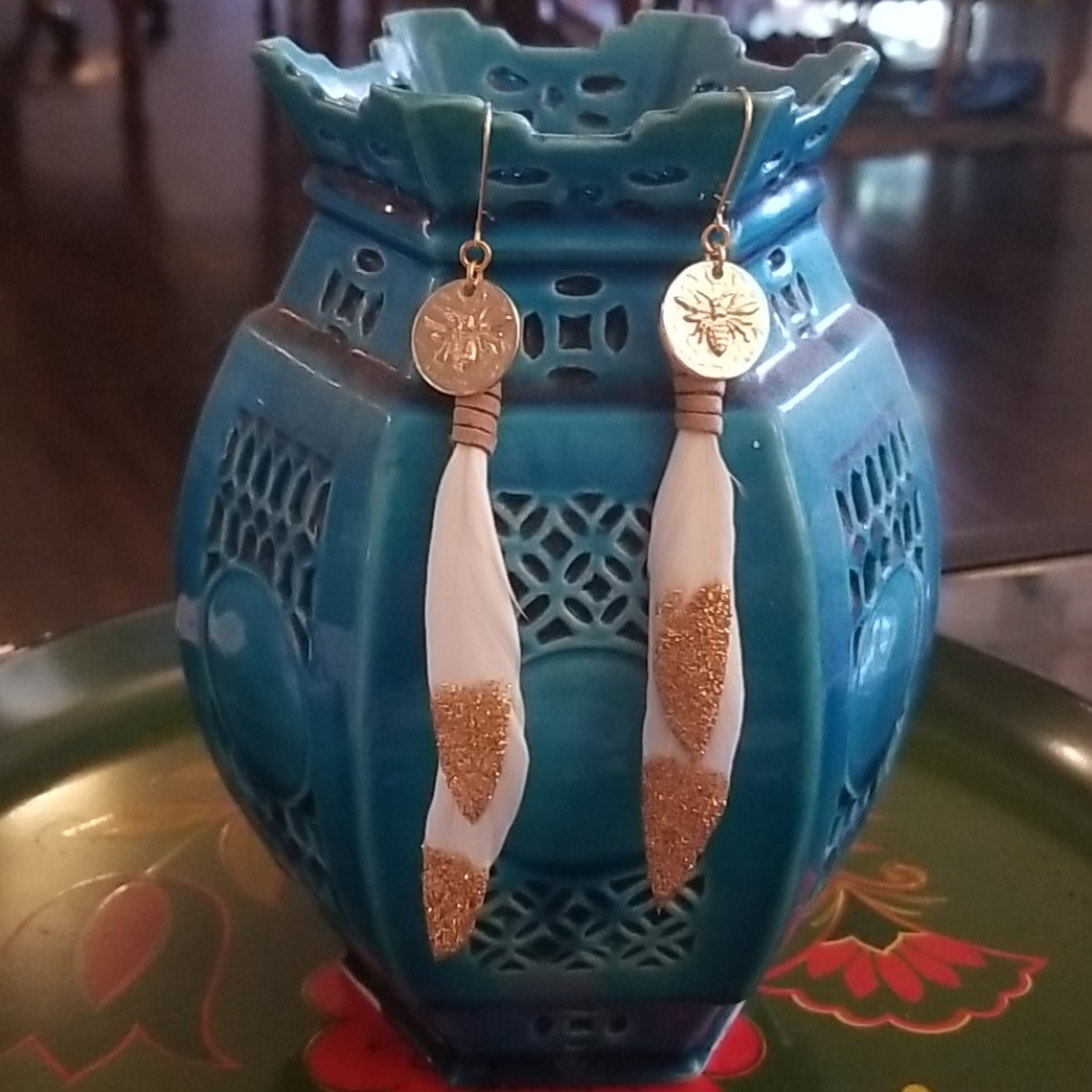 Bee feather earrings